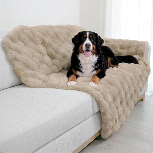 Paw Inspired Waterproof Dog Blanket, Soft Faux Fur Throw with Fur-Resistant Fleece, Washable Pet Blanket, Waterproof Protection for Couch, Bed, Furniture, Crate, Car (80x60, Tan)