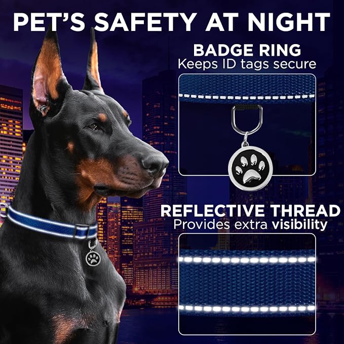 TECEUM Reflective Dog Collar – Navy Blue – XXS – Extra Soft Padding – Basic Nylon Pet Collar – Quick Release Buckle – Fits Small, Medium and Large Dogs, Puppies, Cats – ESA & Service Dog Options