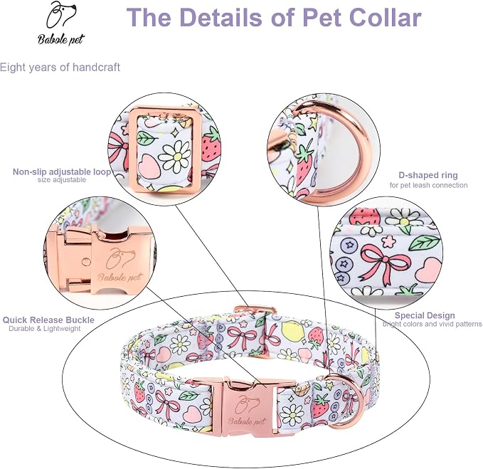 Cute Dog Collar, Spring Summer Pastel Dog Collars, Fruit Garden Dream Puppy Collar, Adjustable Heavy Duty Pet Collar for Small Medium Large Dogs with Metal Buckle M