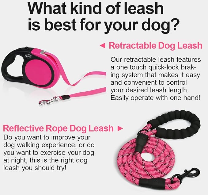 Taglory Retractable Dog Leash, 16ft No Tangle Leash Retractable for Small Medium Dogs Up to 44 lbs, One-Handed Brake, Pause, Lock, Pink