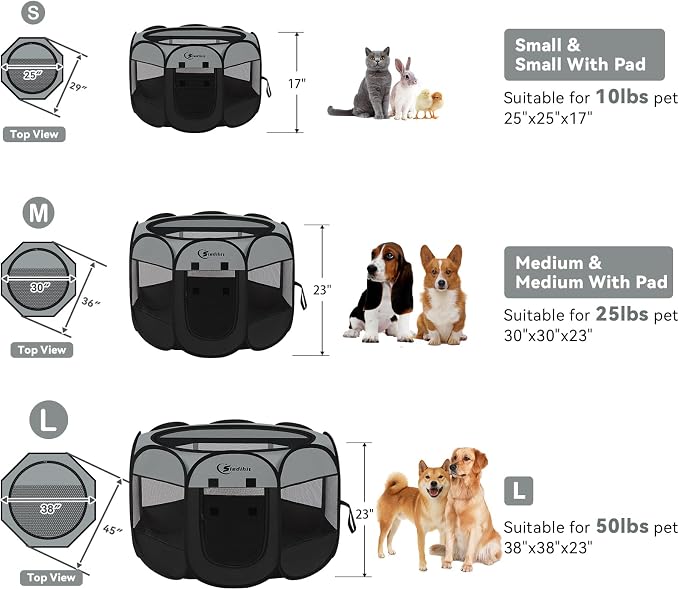 Pink Puppy Playpen for Middle Dog Cat, Dogs Tent Crate Cage Indoor/Outdoor, Portable Pop Up Dog Kennel with Carrying Bag for Rabbits, Removable Top (Dark Grey with Pad, Medium)
