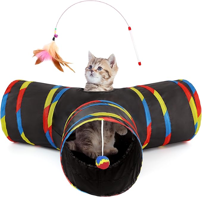 Tempcore Cat Tunnel for Indoor Cats, 3 Way Collapsible Pet Play Tunnel with Teaser Wand, Peek Holes & Hanging Ball, Interactive Tube for Kittens & Rabbits, Black & Rainbow