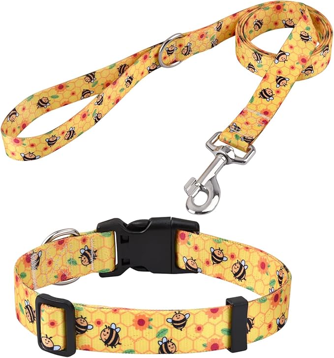 Mihqy Dog Collar and Leash Set with Bohemia Floral Tribal Geometric Patterns - Soft Ethnic Style Collar Adjustable for Small Medium Large Dogs(Bee Set,L)