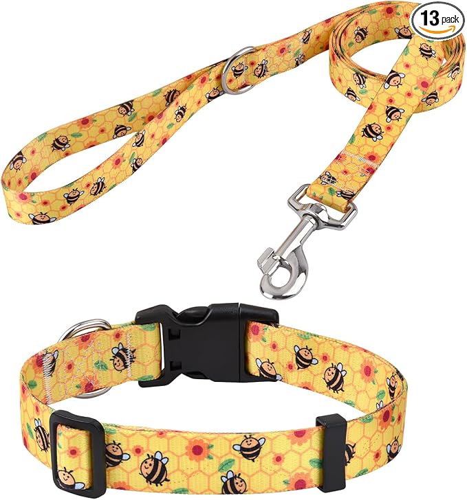 Mihqy Dog Collar and Leash Set with Bohemia Floral Tribal Geometric Patterns - Soft Ethnic Style Collar Adjustable for Small Medium Large Dogs(Bee Set,S)