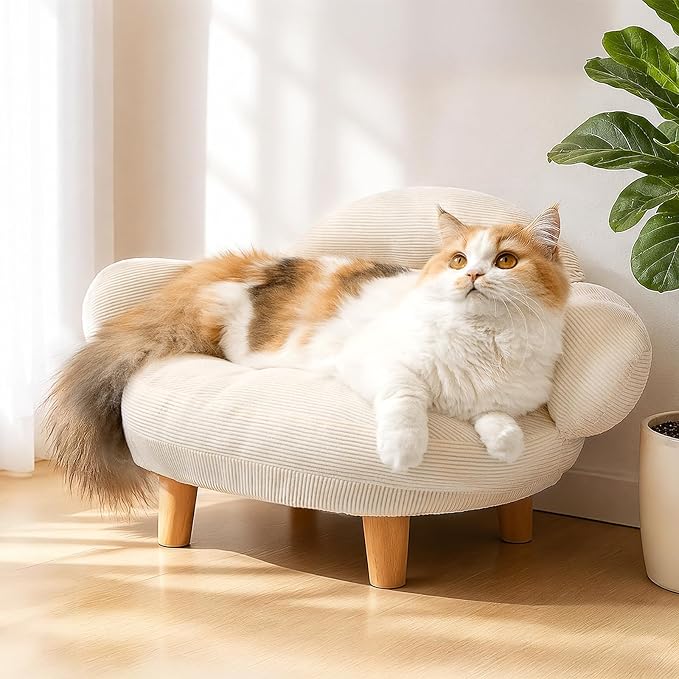 Cat Sofa Furniture-Style Pet Bed with Removable Cotton Velvet Cover, Solid Pine Wood Legs, for Cats and Small Dogs, White