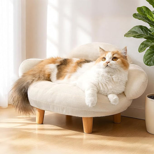 Cat Sofa Furniture-Style Pet Bed with Removable Cotton Velvet Cover, Solid Pine Wood Legs, for Cats and Small Dogs, White