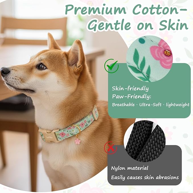 Dog Collar with Pink Floral Patterns, Spring Summer Collection Green Dog Collar with Exquisite Pendant, Durable Adjustable Collars for Gifts & Daily Use-L