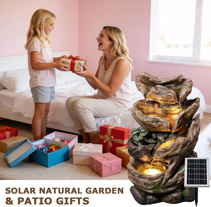 4-Tier Solar Water Fountain Outdoor Cascading Realistic Tree Trunk Waterfall Outdoor Fountains for Garden, Patio, Backyard, Deck, Porch, 25.2" H x 14.56" L x 10.24" W