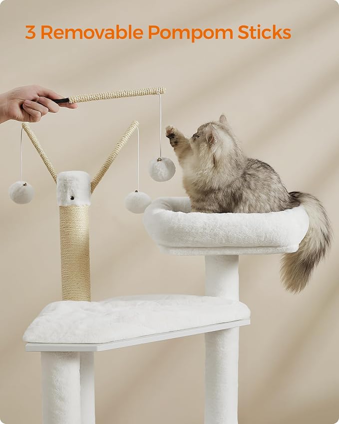 Feandrea Cat Tree with Litter Box Enclosure, 59-Inch Modern Cat Tower, 2-in-1 Condo with Scratching Posts, Washable Removable Cushion, Cloud White UPCT113W01