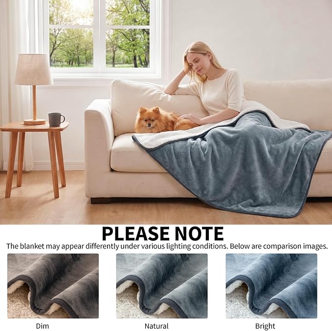Sunheir Waterproof Blanket for Bed Queen Size, Reversible Soft Sherpa Fleece Dog Pet Blankets, Leakproof Spill-Proof Love Blanket for Furniture & Sofa Protector, Camping, Travel, 90"x86", Grey