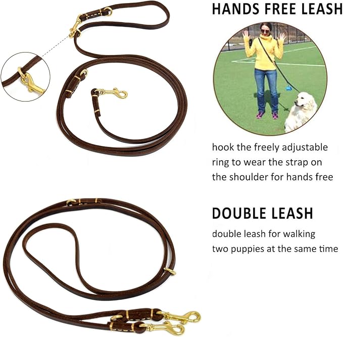 Multi Function 8ft Genuine Leather Hands Free Dog Training Leash for Puppy Small and Medium Dogs (8 Foot*3/8 inch, Brown)