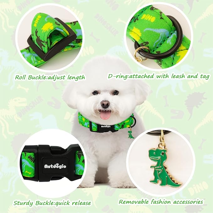 Dinosaur Dog Collar for Small Dogs, Adjustable Cotton Boy Dog Collars for Puppy Dogs, Adjustable & Comfortable Small Dog Collars for Daily Walks, Park Adventures or Photos-XS
