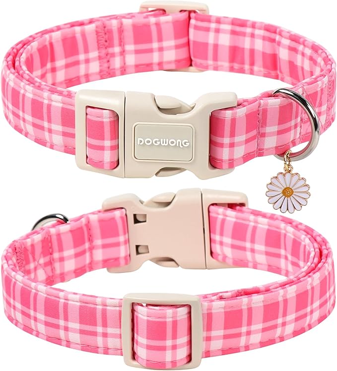 DOGWONG Pink Plaid Dog Collar for Girl Dogs, Pink Checked Dog Collars, Adjustable Soft Cute Pink Dogs Collars for Medium Lrage Dogs, Neck 39-60 inches