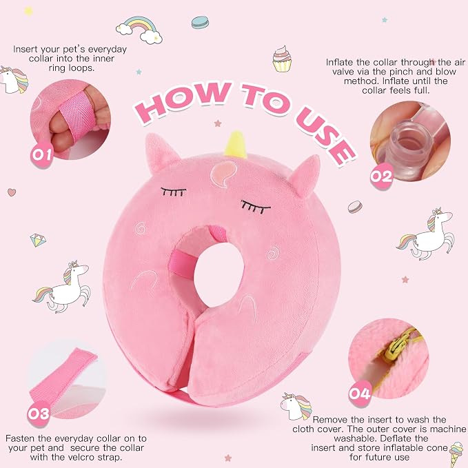 IEUUMLER Inflatable Recovery Dog Collar, Protective Donut Cone, Adjustable Soft Collar for Dog and Cat After Surgery Prevent from Biting & Scratching EU002 - Unicorn M