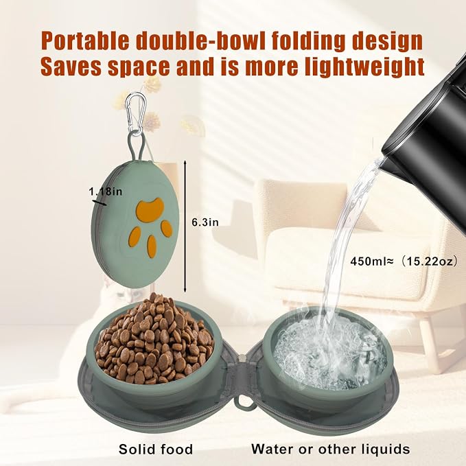 Collapsible Dog Bowls, 2-in-1 Silicone Pet Food and Water Bowl with Carabiner, Portable Double Compartment Dish for Travel, Camping, Hiking Puppy Essentials (A- Green)
