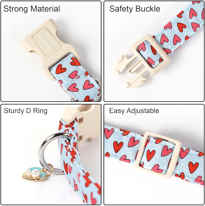 DOGWONG Valentine Dog Collar- Cute Blue Heart Dog Collars Adjustable Designer Valentine’s Day Puppy Heart Dog Collar for Small Medium Large Dogs M