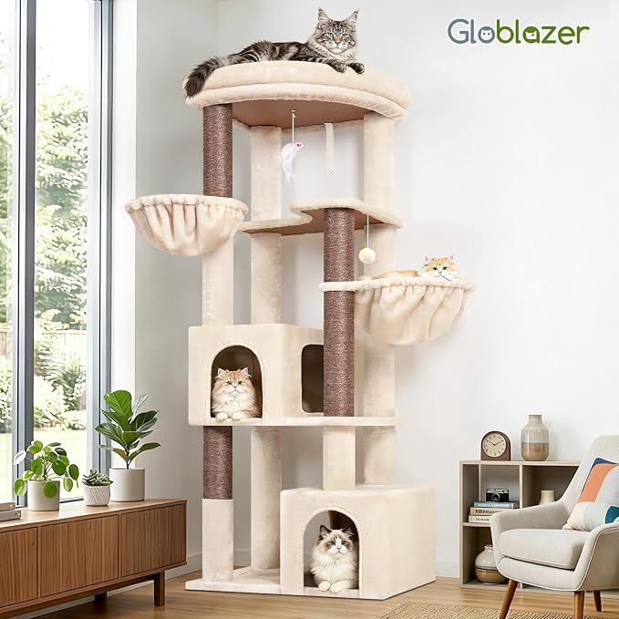 Globlazer 64in Corner Cat Tree for Large Indoor Cats, Space Saving Multi-Level Cat Tower with 2 Condos, 2 Hammocks, 4 Sisal Scratching Posts, C64, Beige