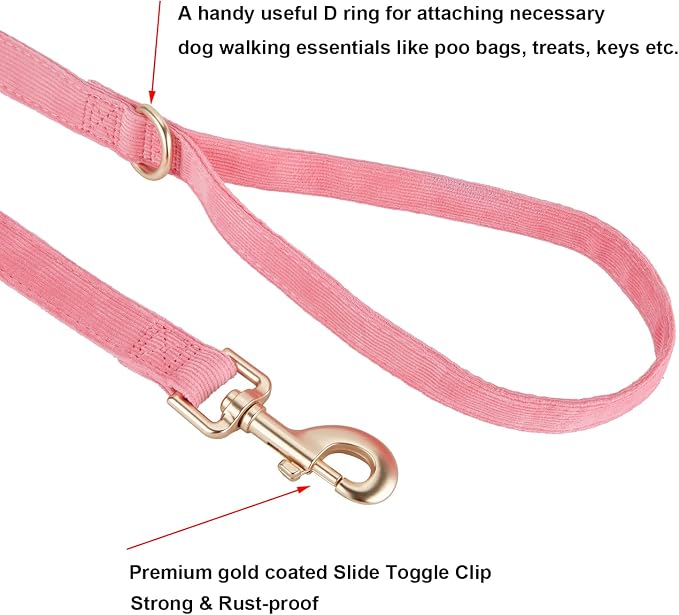 Soft Cotton Dog Leash, 5 Ft Heavy Duty Corduroy Dog Leashes with Gold Metal Hook for Small Medium Large Dogs,Small,Pink