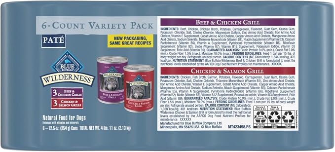 Blue Buffalo Wilderness Adult Wet Dog Food Variety Pack, Beef & Chicken Grill, 32g Protein, and Chicken & Salmon Grill, 35g Protein, Grain-Free & High-Protein, Natural, 12.5-oz. Each (6 Cans)