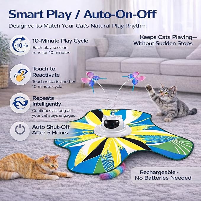Interactive Cat Toy for Indoor Cats, Rechargeable 3-in-1 Hide and Seek Cat Toy with Spinning Butterfly & Plush Tail, Touch Activated Self Play Electric Cat Exercise Toy for Adult Cats & Kittens