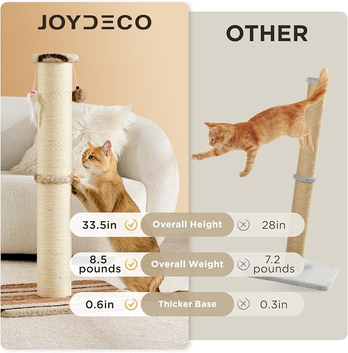 Joydeco Cat Scratching Post 34 Inches Heavy Duty and Thick Scratching Post Sisal Rope with Hanging Ball and Mice for Indoor Cats(Coffee)