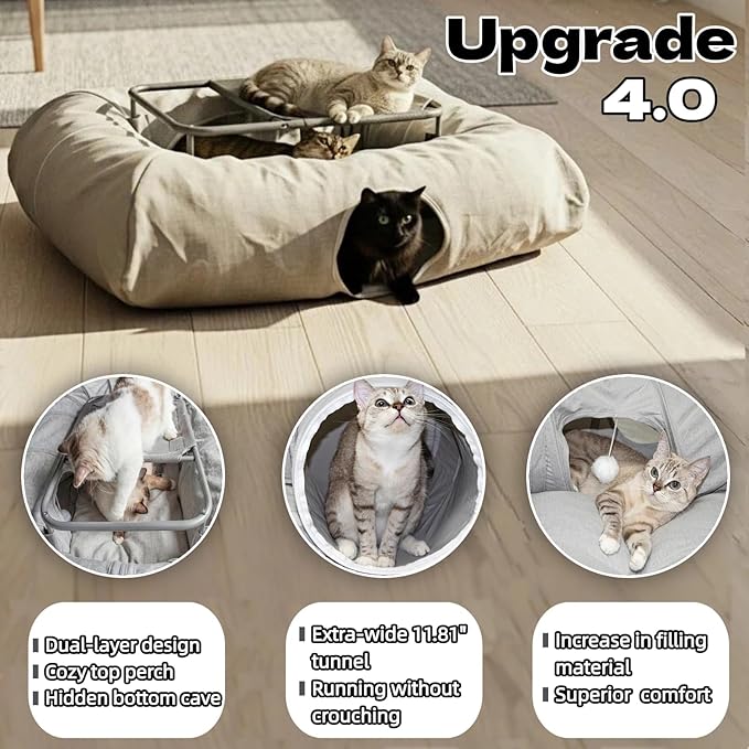 XxingSheep 2-Tier Hammock XXL Cat Tunnel Bed, 4 Cave Premium Hemp Fabric for Indoor Cats Toys Cave Donut with Soft Mat
