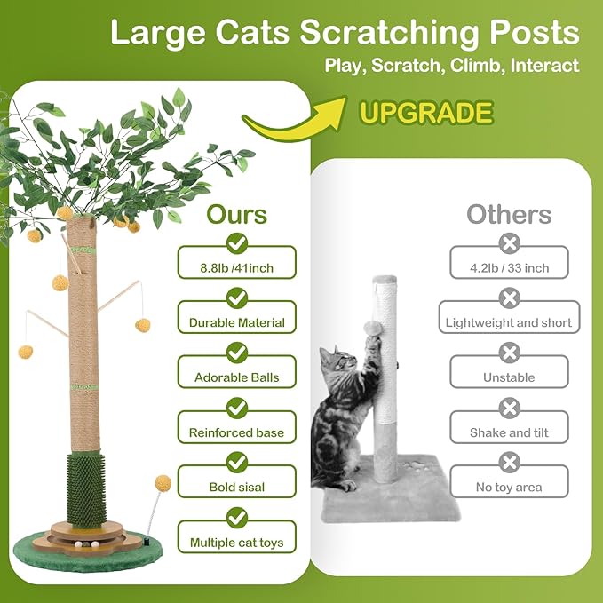 Tall Cat Scratching Post 51 Inch, Cat Scratching Post for Indoor Cats Adults, Sisal Cat Scratcher with Heavy Duty Stable Base & Hanging Toys & Self Grooming Brush for Kittens Medium Large Cats