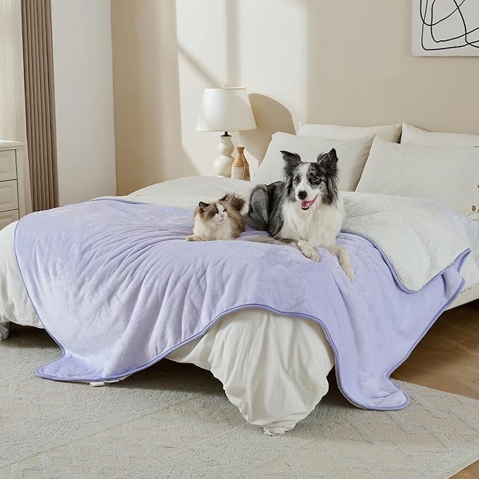 Waterproof Blanket for Bed Couch Sofa, Soft Liquid Pee Proof Pet Blanket for Dog Puppy Cat, Reversible Sherpa Fleece Furniture Protector (Lilac, 50x60 inches)