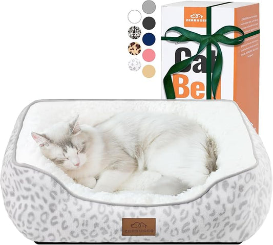 Zerbuger Rectangle Cat Dog Bed for Large Medium Small Pets Indoor Outdoor Machine Washable Sleeping Sofa Non-Slip Bottom Soft Puppy Bed Durable Orthopedic Calming Pet Cuddler (Small, White Leopard)