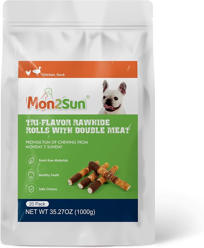MON2SUN Dog Treats, Triple Flavor 6 Inch Chicken Liver Duck and Chicken Wrapped Rawhide Sticks, Teeth Cleaning Snacks for Medium Dogs, 35.27 oz (20 Count-Pack of 1)