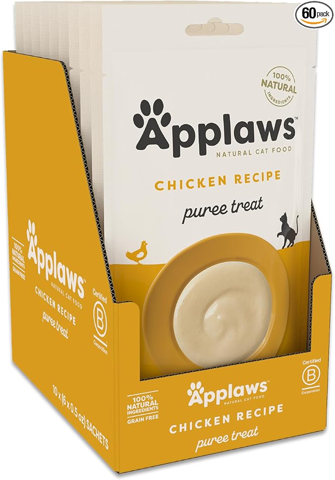 Applaws Lickable Cat Treats, Natural Grain-Free Purée, Made with Limited and Natural Ingredients, No Artificial Additives, Chicken Squeeze Up Cat Treats (60 x 0.5 oz Sachets)