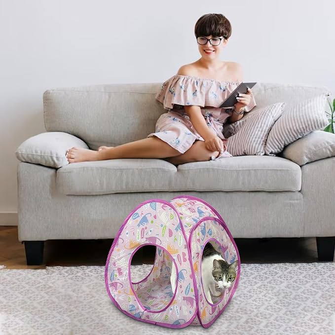 Andiker Cat Tent, 3 Holes Safe and Strong Cute Cats Tunnel Collapsible Easy to Carry Cat House for Indoor Cats Kittens Hiding Playing Training Sleeping(Tent Pink)