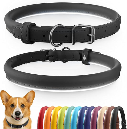 CollarDirect Reflective Rolled Leather Dog Collar, Soft Padded Round Puppy Collar, Handmade Genuine Leather Collar Dog Small Large Cat Collars 13 Colors (13-16 Inch, Black Reflective)