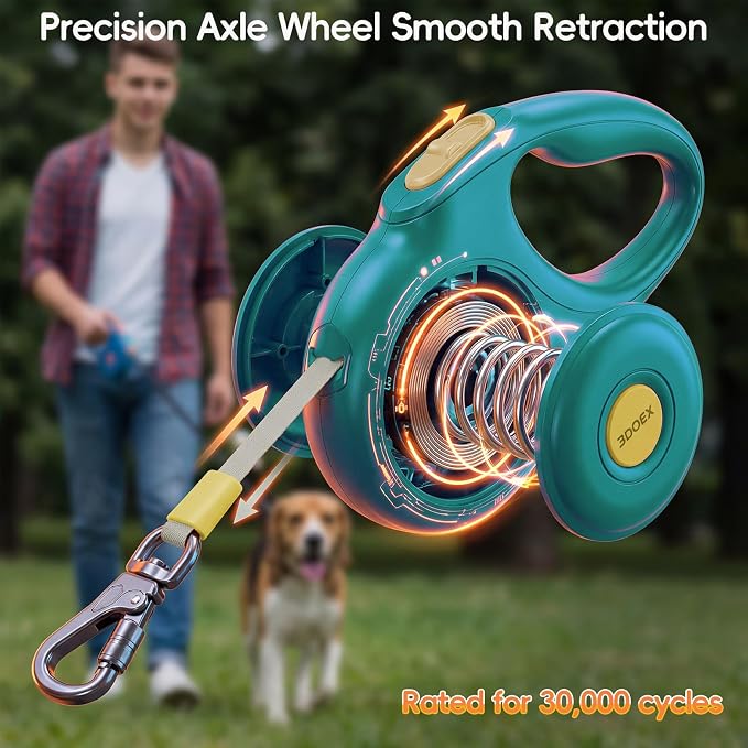 Retractable Dog Leash 10FT for Small & Medium Dogs, Sturdy Heavy-Duty Nylon Tape with Secure Locking Carabiner & Poop Bag Holder, Smooth One-Hand Control, Anti-Slip Handle, Tangle-Free Design (Green)