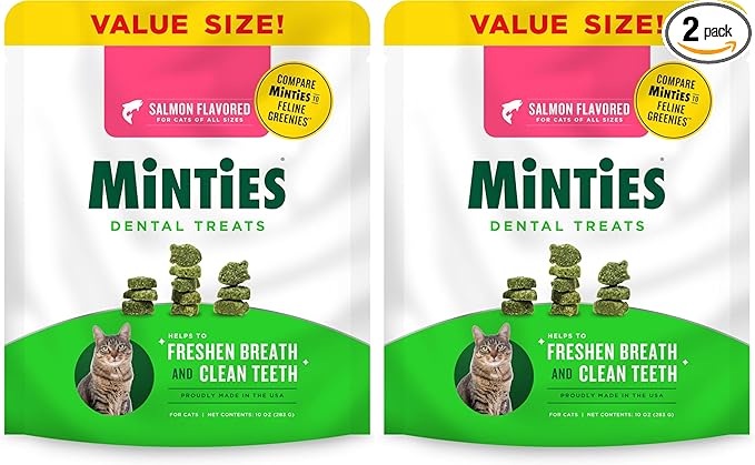 Minties Dental Treats for Cats, Salmon Flavor | 10oz | Pack of 2 | Freshens Breath | Controls Tartar
