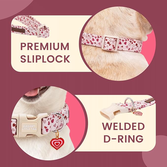 Elegant little tail Valentine's Dog Collar - Pink Heart Dog Collars Cotton Soft Puppy Adjustable Pet Collars with Sturdy Quick Release Buckle for X-Small Dogs