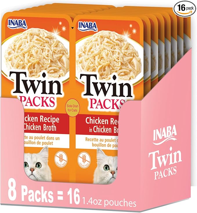 INABA Twin Packs for Cats, Side Dish/Topper Pouch, 1.4 Ounces per Serving, 16 Servings, Chicken Recipe in Chicken Broth