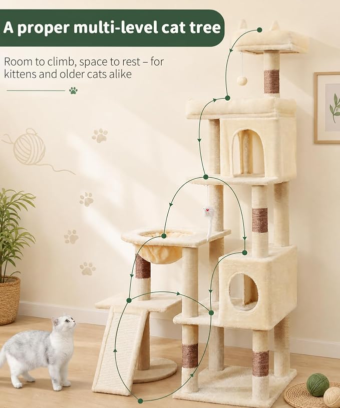 68 Inches Heavy Duty Cat Tree for Indoor Cat, Big Cat Tower with Sisal Scratching Posts and Top Perch, Large Platform for Adult Cats, PMT02BW, Beige