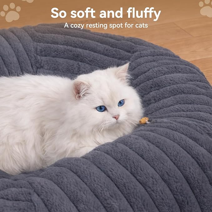 Cat Tunnel Bed Cave - Soft Washable Cushion for Indoor Cats, Peekaboo Hideaway Cave for Indoor Cats, Kittens, Puppies, Rabbits, Luxurious Striped Hare-Feel Fabric, Tunnels for Indoor Cats Large