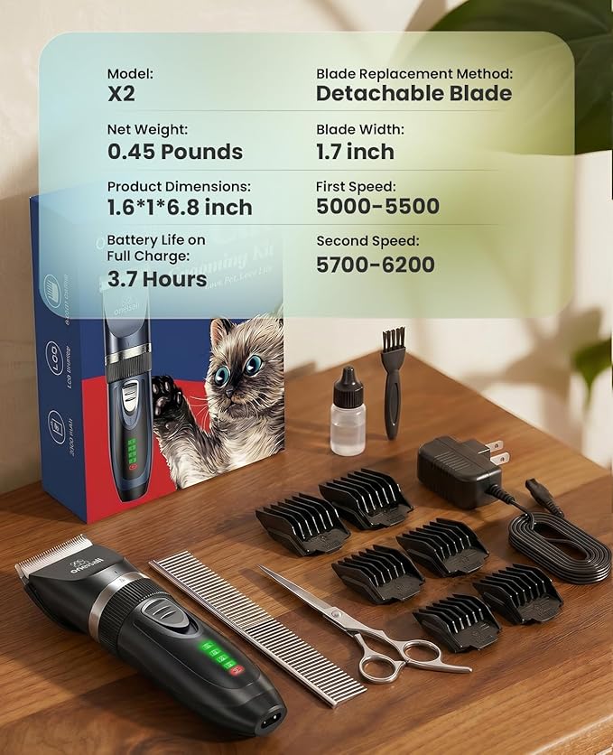 oneisall Quiet Cat Clippers for Matted & Long Hair, 2-Speed Cordless Pet Shaver Grooming Kit for Cats, Small Dogs & Animals (Black)