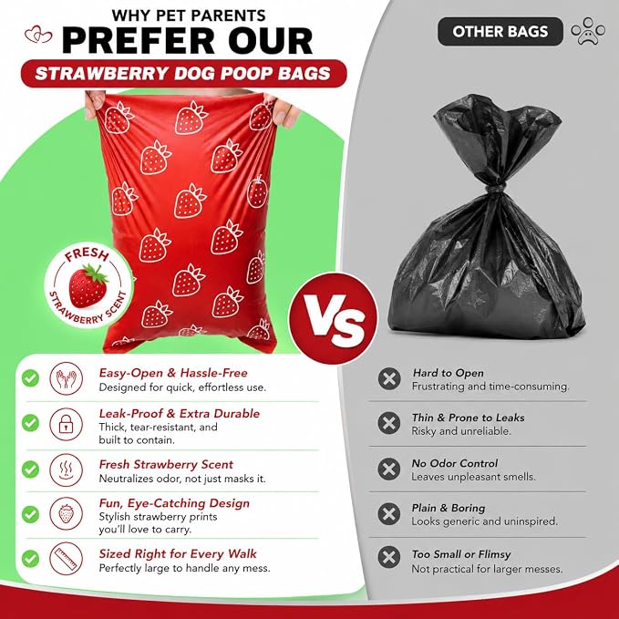 Strawberry Scented Dog Poop Bags - 360 counts red Pet Waste Bags with Dispensers, Extra Large 13x9 Inch Leak-Proof Fragrance Bags for Dogs Walking and Cat Litter