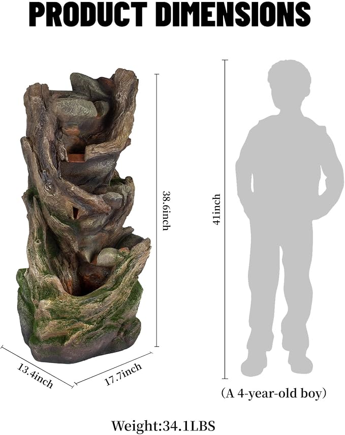 Solarbloom 38.6" H Outdoor Fountains, Multi-Tier Rock Tree Trunk Outdoor Water Fountain with LED Lights, Freestanding Cascading Waterfall for Garden, Patio, Backyard, Porch Decor