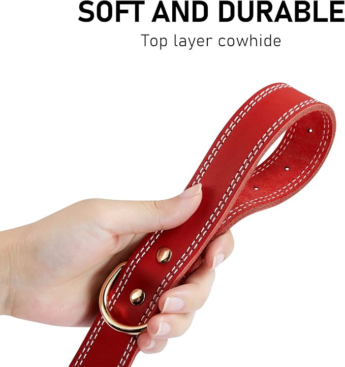 Dog Collar,Genuine Leather Dog Collar, Heavy Duty Dog Collar for Small,.Medium,Large and Extra Large Dog (L: 1.2" Wide for 16.2"-22" Neck,Dual Stitch-Red)