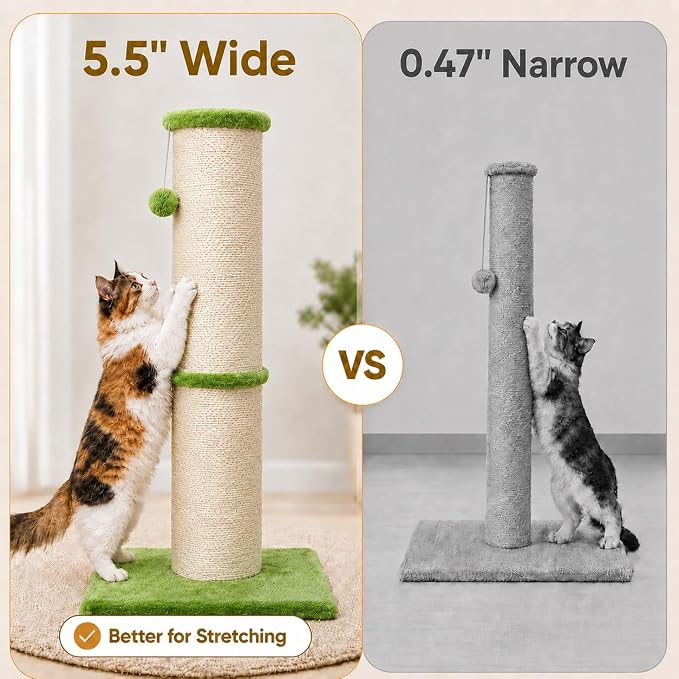 PAWSCRAT Cat Scratching Post 32 Inch High, 5.5 Inch Large Diameter Natural Sisal Cat Scratch Post, Scratch-Resistant and Durable Tall Cat Scratcher for Indoor Cats, Green