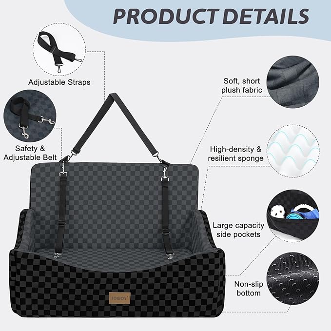 JOEJOY Dog Car Seat for Medium/Large Dogs - Reversible Dual-Sided Travel Dog Car Bed with Memory Foam, Washable Pet Booster Seat for Dogs up to 55 lbs or 2 Small Dogs, 2 Safety Leashes, Dark Grey