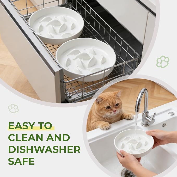 Raised Slow Feeder Cat Bowl with Stand, 6.3'' Wide Ceramic Elevated Shallow Slow Eating Cat Bowl for Dry/Wet Food, Anti-Vomiting Pet Puzzle Feeder, Whisker Friendly, Dishwasher Safe (2 Pack)