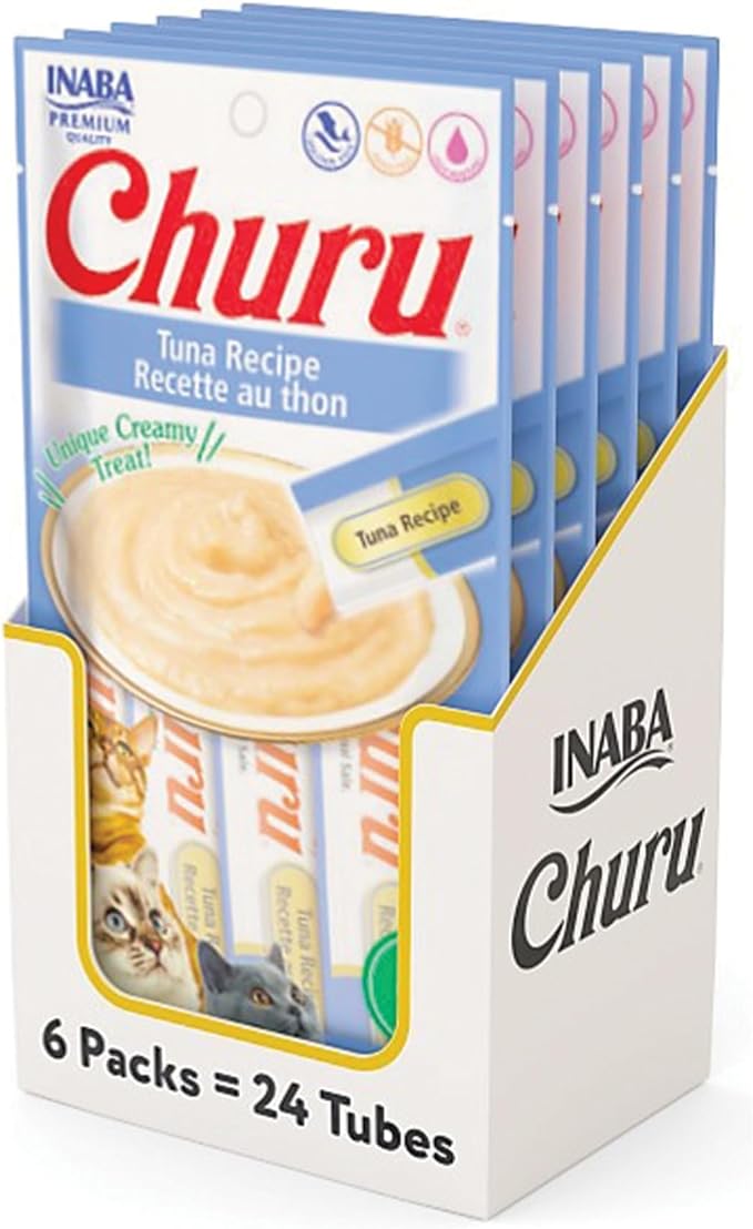 INABA Churu Cat Treats, Lickable, Squeezable Creamy Purée Cat Treat with Green Tea Extract & Taurine, 0.5oz. Each Tube, 24 Tubes (4 per Pack), Tuna Recipe