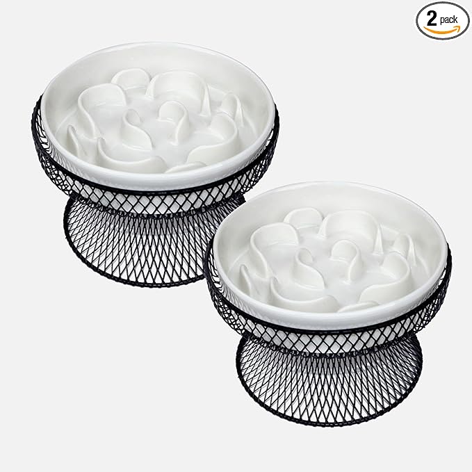 2PCS Raised Ceramic Cat Slow Feeder Bowl Elevated Food Bowl with Stand, Cat Slow Bowl for Wet Food and Dry Food,Slow Down Eating Speed, Whisker Friendly Pet Puzzle Feeder for Kitten and Small Dog