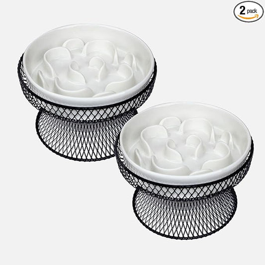 2PCS Raised Ceramic Cat Slow Feeder Bowl Elevated Food Bowl with Stand, Cat Slow Bowl for Wet Food and Dry Food,Slow Down Eating Speed, Whisker Friendly Pet Puzzle Feeder for Kitten and Small Dog