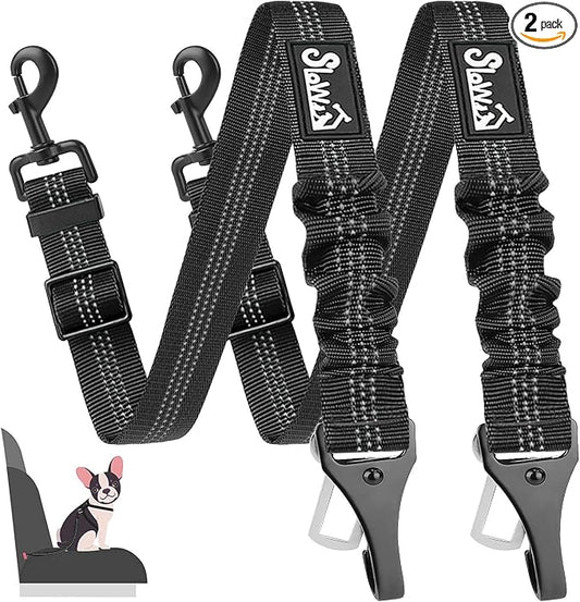 SlowTon Dog Seat Belt, Adjustable Dog Safety Belt Leash, 2 in 1 Latch Bar Attachment Dog Car Seatbelt with Elastic Nylon Bungee Buffer, Reflective Nylon Belt Tether Connect to Dog Harness (2Black)